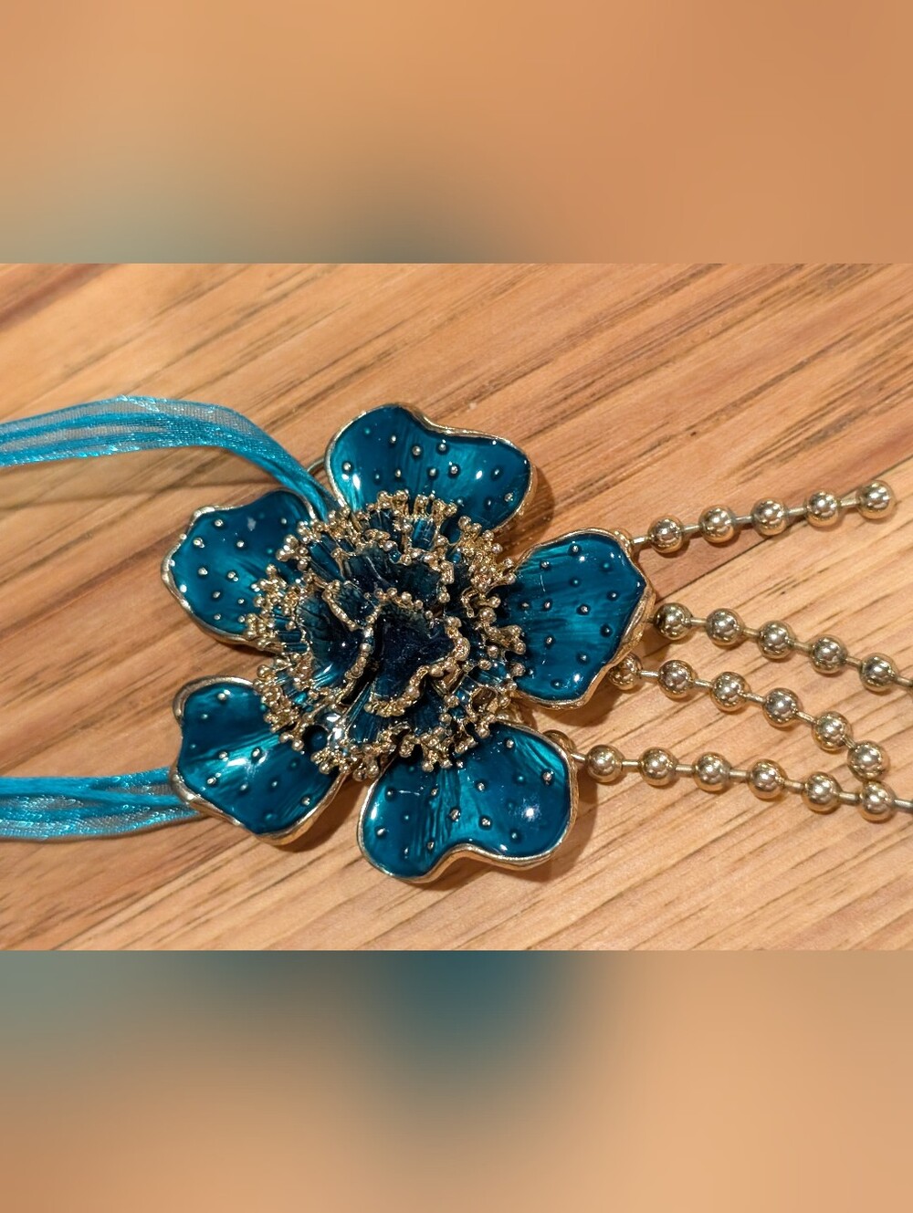 Teal Blue Floral Statement Necklace Pendant